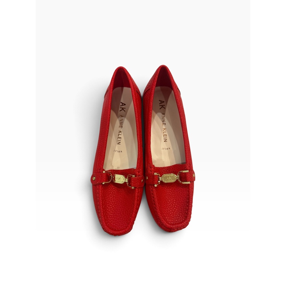 Anne Klein Red Leather iflex Loafers Gold Hardware Driving Flats Quiet Luxury